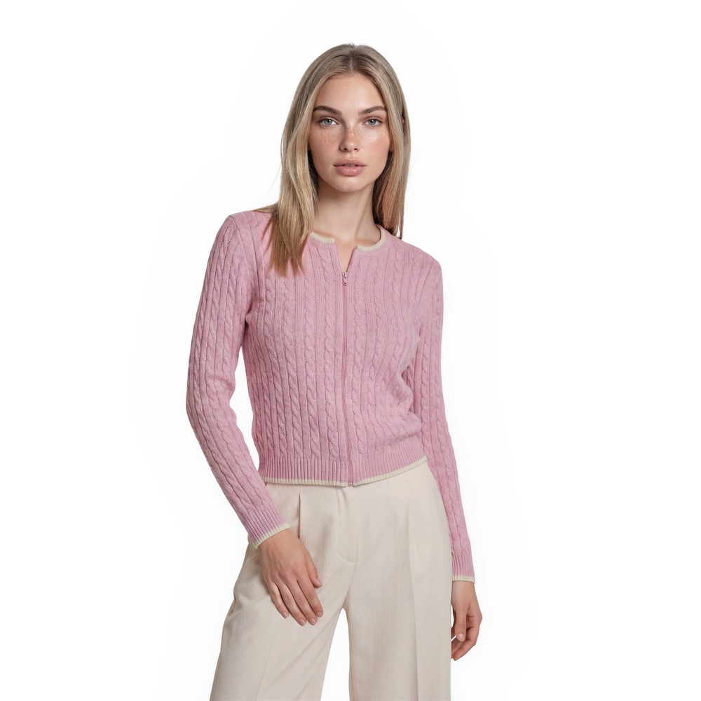 Pure Alaska Cable Knit Cardigan Sweater Women's‎ Size Large Pink Ivory Full Zip